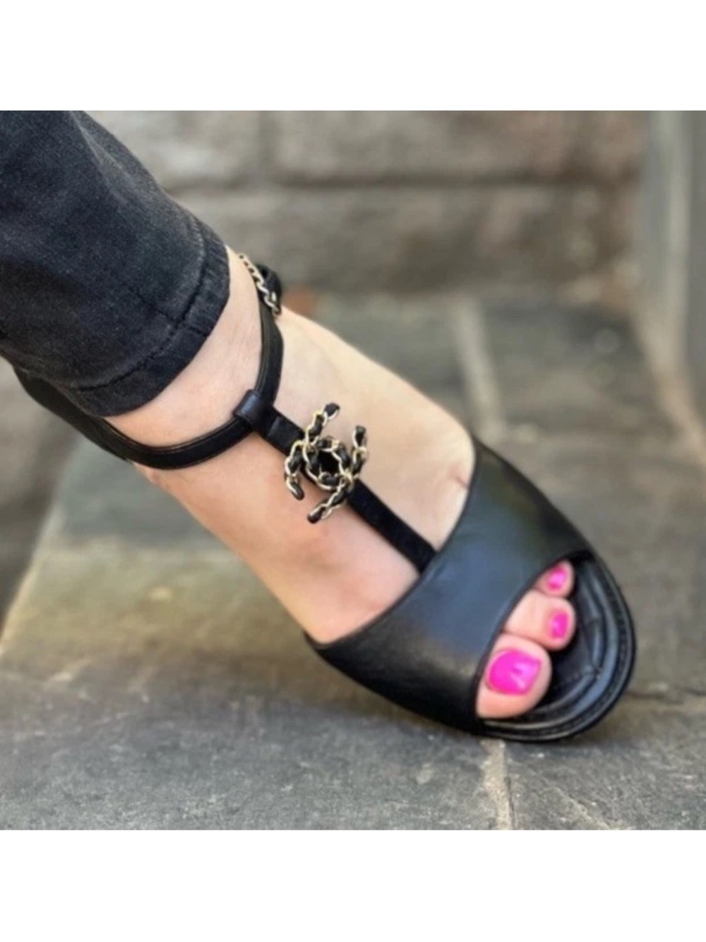 CHANEL Black T-Strap Sandals with Chain CC Accent